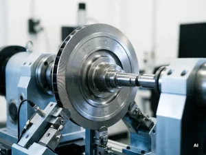 Precision-machined compressor rotor disc secured in an industrial test fixture, steel-gray and titanium surfaces with specular highlights on machined edges.
