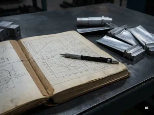 Engineering notebook with handwritten evaluation criteria and mechanical pencil resting on aluminum turbine blade components on a steel workbench.