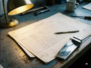 Weathered engineer's desk with printed grid matrix, mechanical pencil, red-marked columns, and turbine blade component under warm lamp light.
