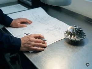Mechanical engineer reviewing technical blueprint on steel workbench beside a machined compressor blade component.