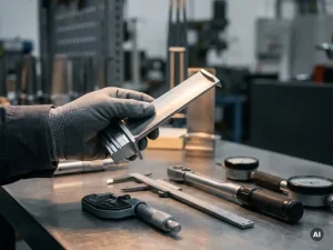 Precision-machined turbine blade held by a gloved engineer above calibrated measuring instruments on a brushed steel workbench.