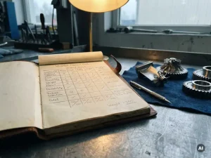 Worn engineer's notebook open to a hand-drawn weighted decision grid beside precision-machined turbine blade components on a steel workbench.