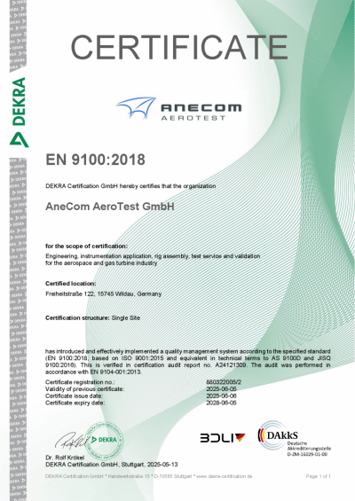 DEKRA Certificate: Engineering, instrumentation application, rig assembly, test service and validation for the aerospace and gas turbine industry